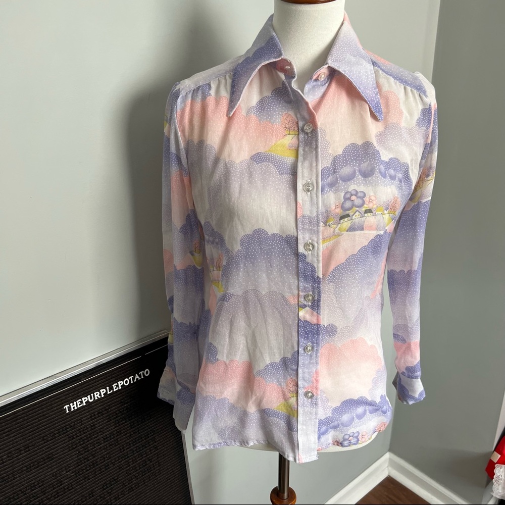 Vintage 1970s Jantzen Pastel Landscape Cottagecore Button Down Blouse